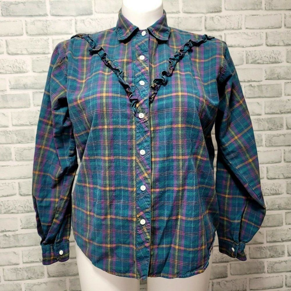 Vintage Via America Trails Plaid‎ Ruffle V Hem Long Sleeve Button Front Western